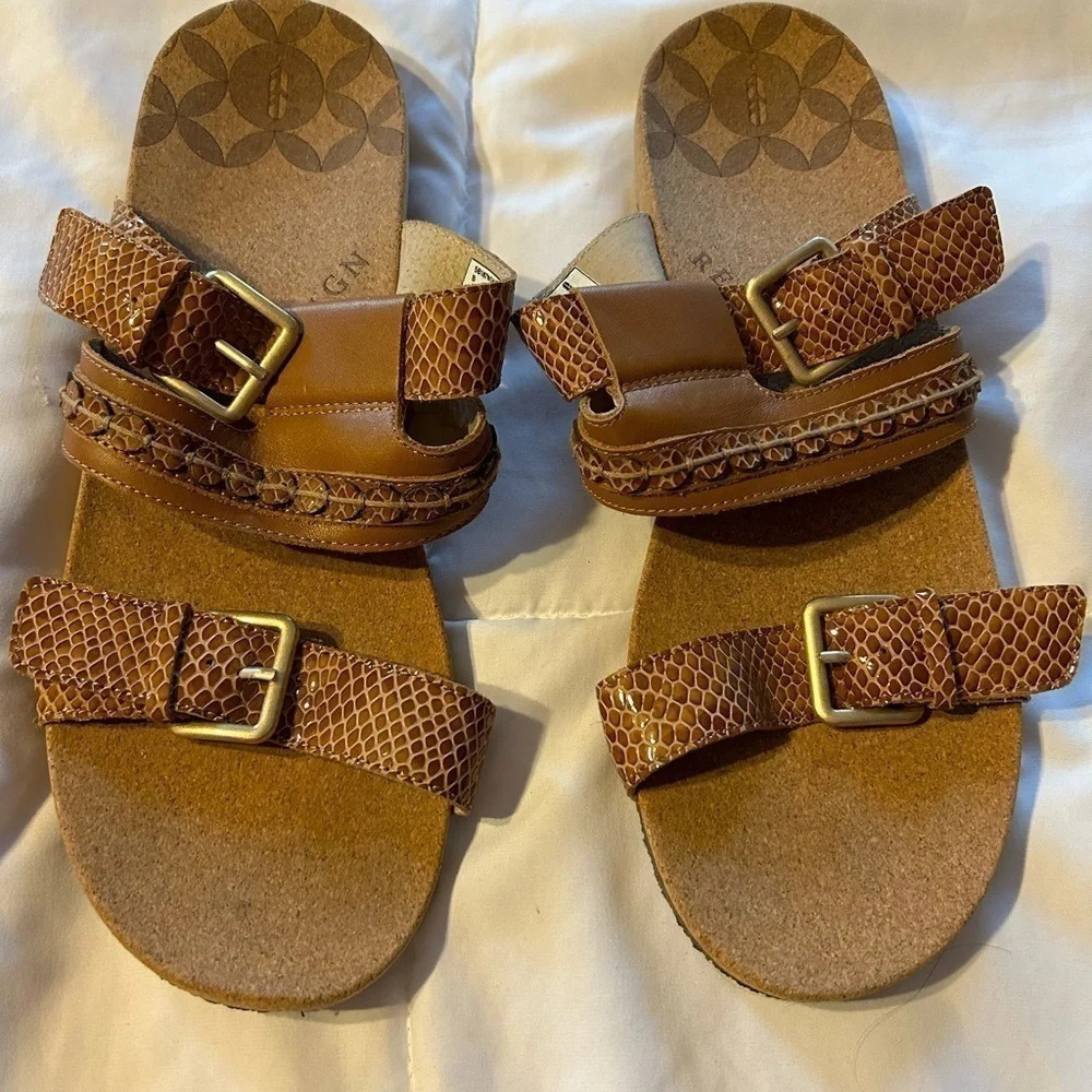 Revitalign Womens 11 Sofia Slide Sandals Brown Leather Snakeprint Cork Footbed